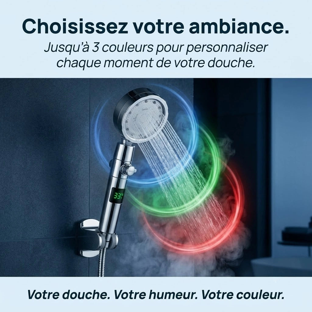 Pommeau de douche à led thermosensible - vue de côté sur fond blanc