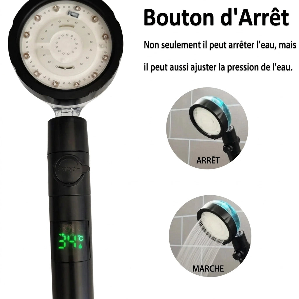 Pommeau de douche avec LED changeant de couleur selon la température avec bouton stop