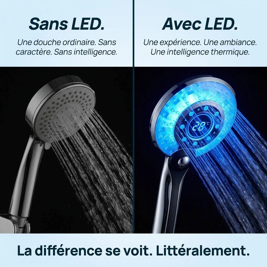 Pommeau de douche à led tricolore - vue de dos sur fond blanc