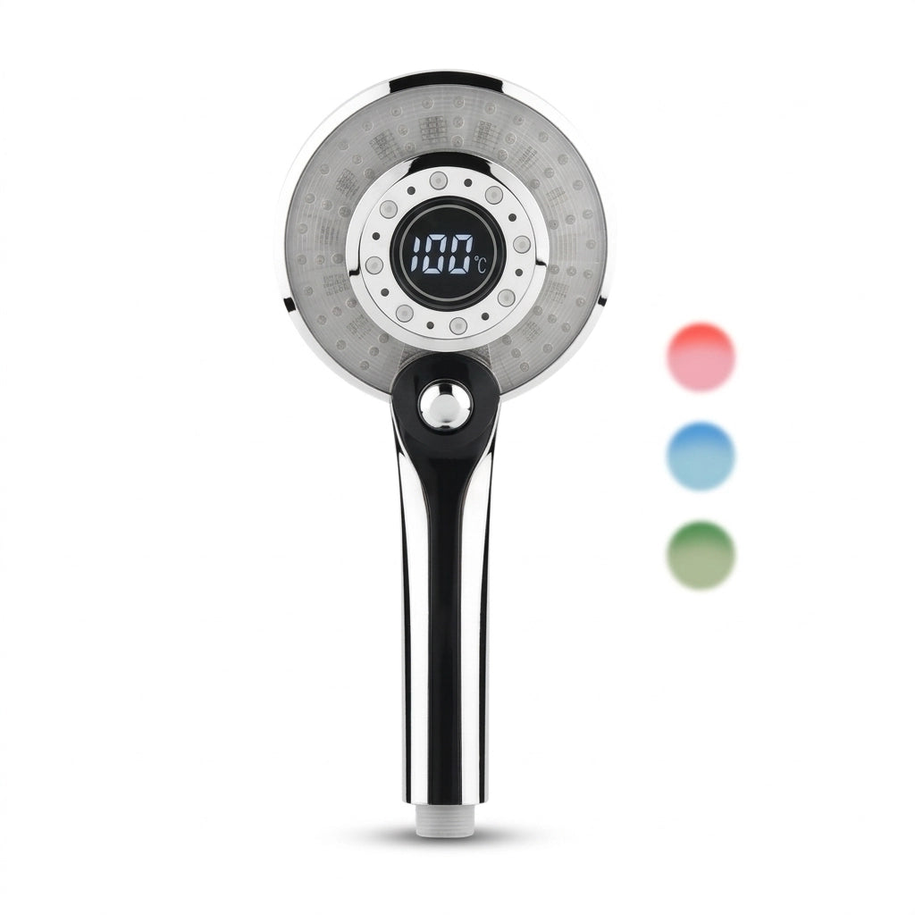 Pommeau de douche à led tricolore vu de face sur fond blanc