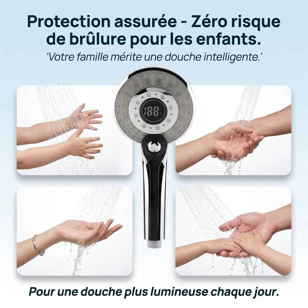 Pommeau de douche à led tricolore - vue de côté sur fond blanc