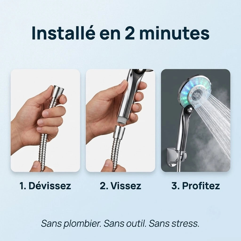 Pommeau de douche à led tricolore - vue de détail sur fond blanc