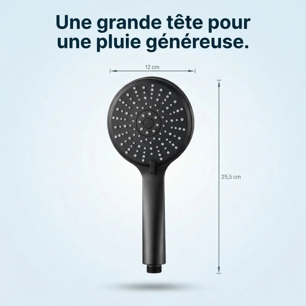 Pommeau de Douche Noir 5 Jets Booster - détail des buses sur fond blanc