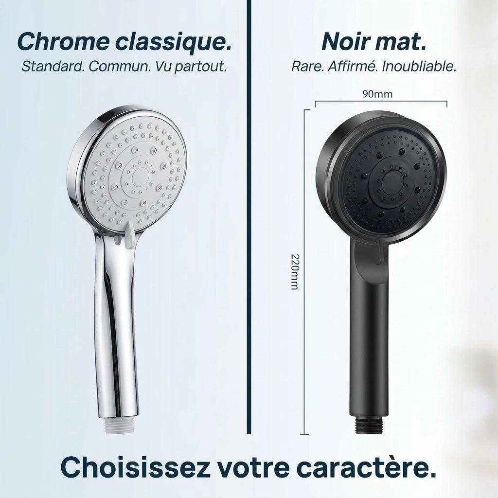 Pommeau de douche noir 5 modes - vue de côté sur fond blanc
