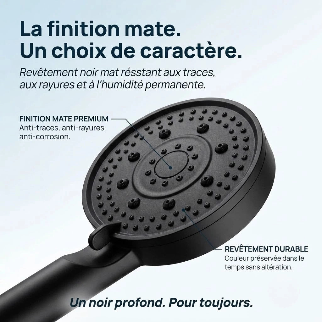Pommeau de douche noir 5 modes - vue de face sur fond blanc