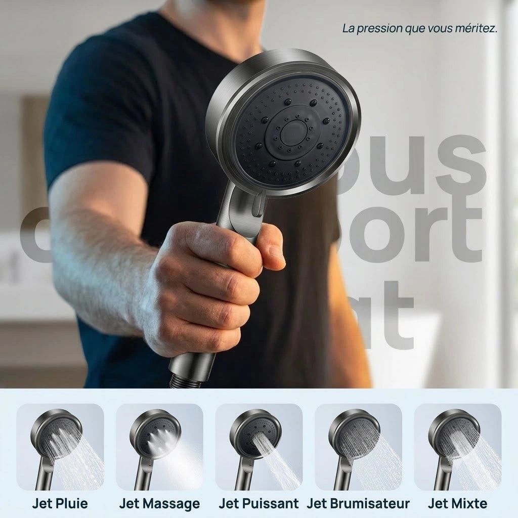 Pommeau de douche noir 5 modes - vue principale sur fond blanc