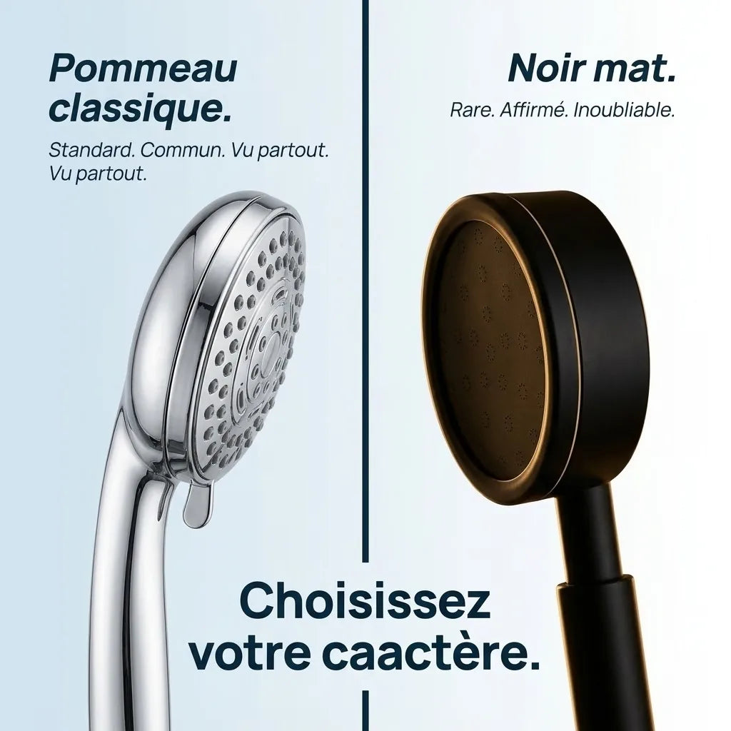 Pommeau de douche haute pression noir en acier inoxydable - vue de face sur fond blanc
