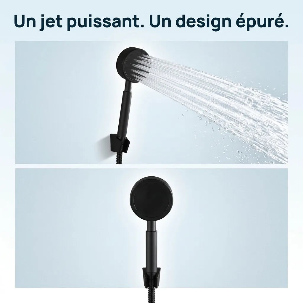 Pommeau de douche haute pression noir en acier inoxydable - vue de côté sur fond blanc