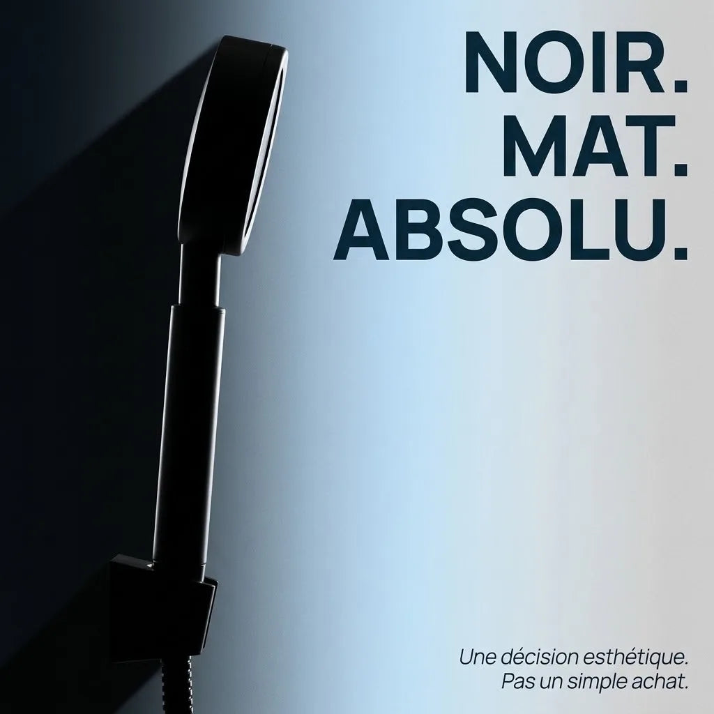 Pommeau de douche haute pression noir en acier inoxydable - détail des buses sur fond blanc