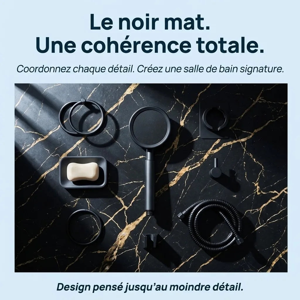 Pommeau de douche haute pression noir en acier inoxydable - vue rapprochée sur fond blanc