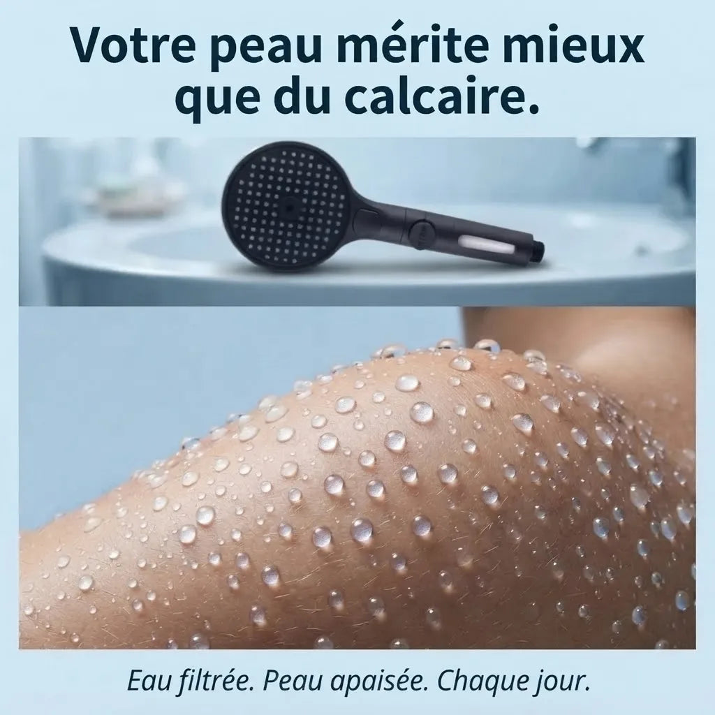Pommeau de Douche Noir avec Bouton Stop et Filtre - vue de dos sur fond blanc