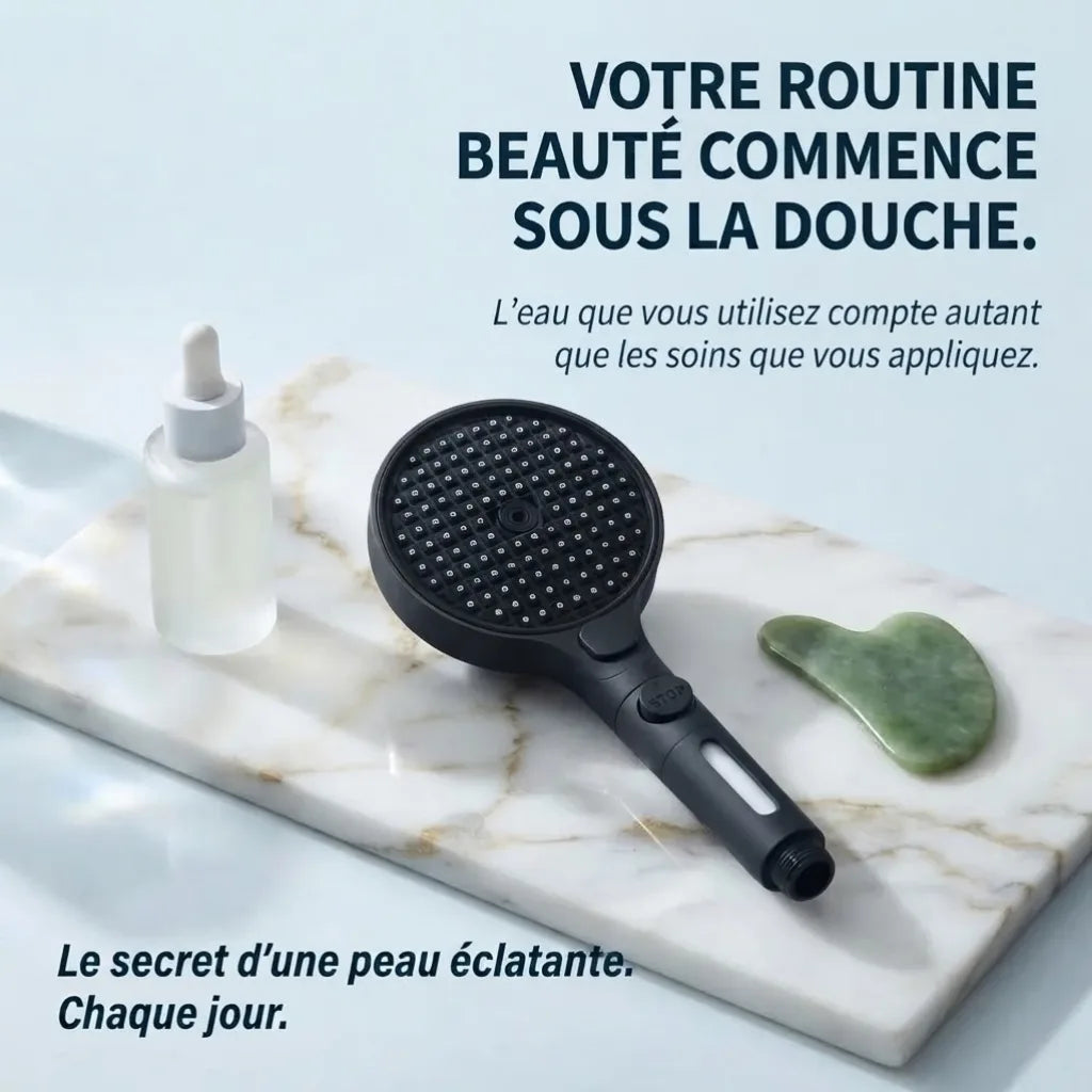Pommeau de Douche Noir avec Bouton Stop et Filtre - détail des buses sur fond blanc