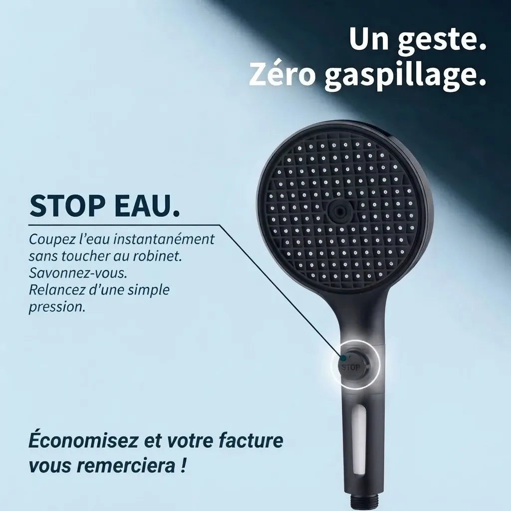 Pommeau de Douche Noir avec Bouton Stop et Filtre - vue de côté sur fond blanc