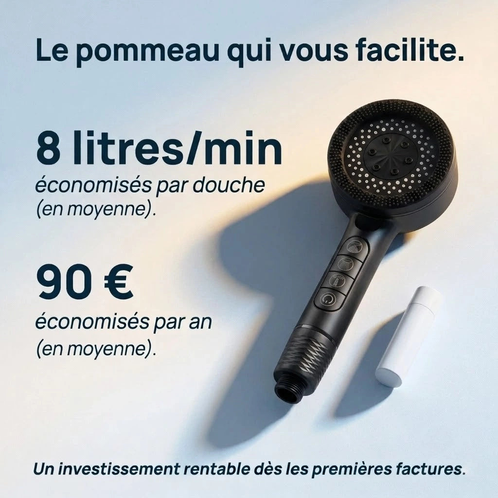 Pommeau de douche intelligent noir - vue de côté sur fond blanc