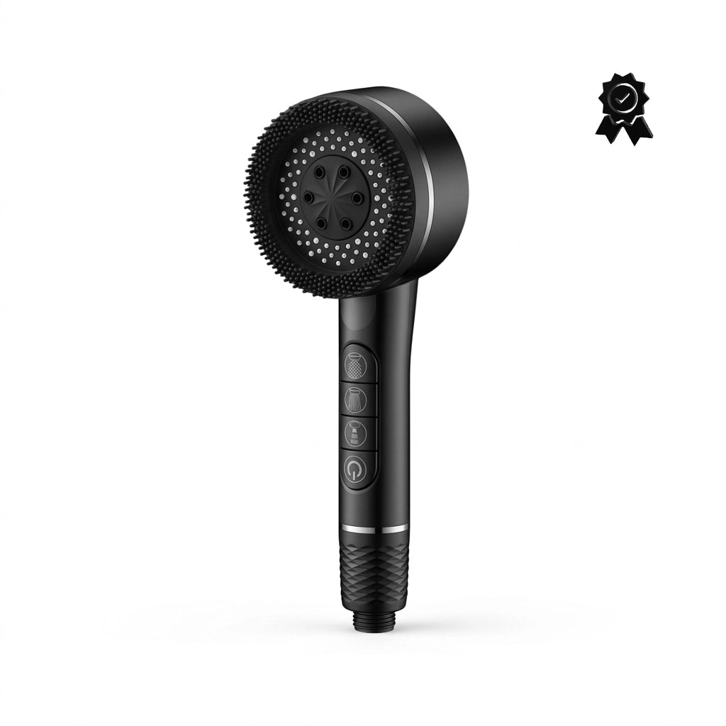 Pommeau de douche noir connecté présenté de côté sur fond blanc