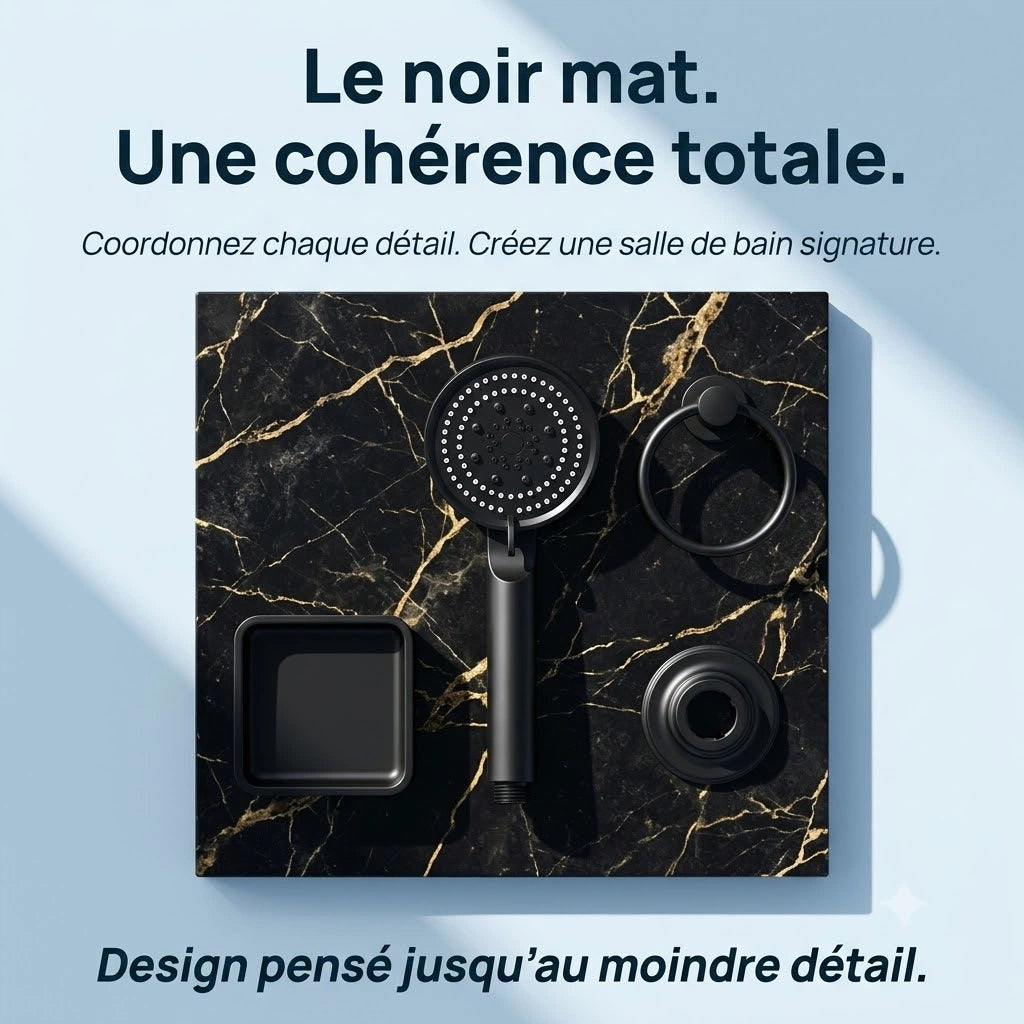 Pommeau de douche noir design - détail des buses sur fond blanc