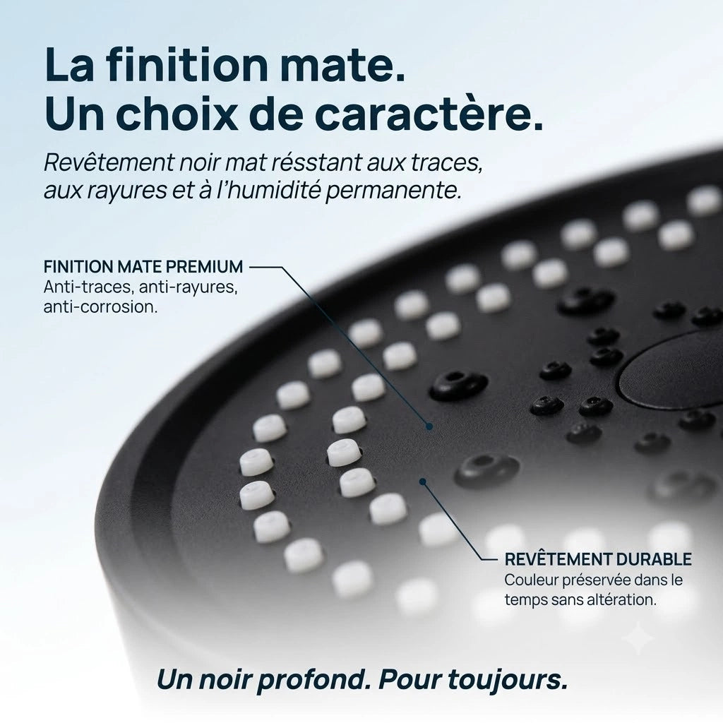 Pommeau de douche noir design - vue de face sur fond blanc