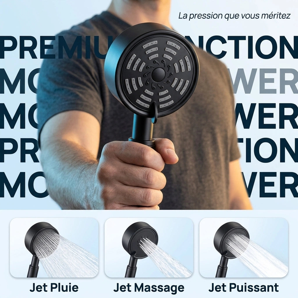 Pommeau de douche noir pulvérisateur - vue principale sur fond blanc