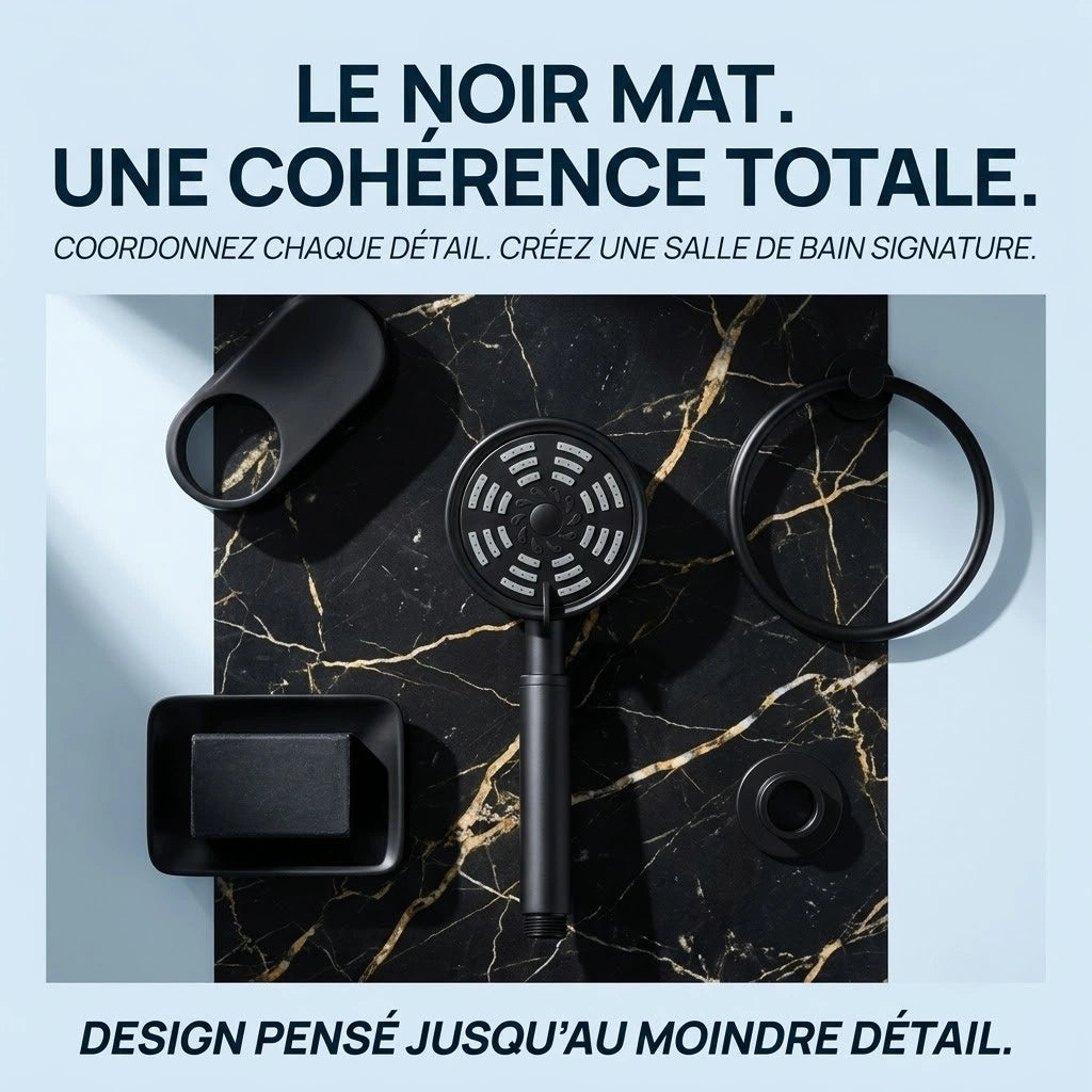 Pommeau de douche noir pulvérisateur - vue de détail sur fond blanc