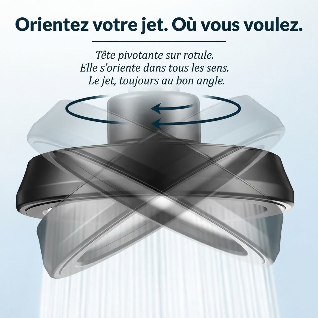 Pommeau de Douche Noir Orientable - Double Usage Main et Fixe - détail des buses sur fond blanc