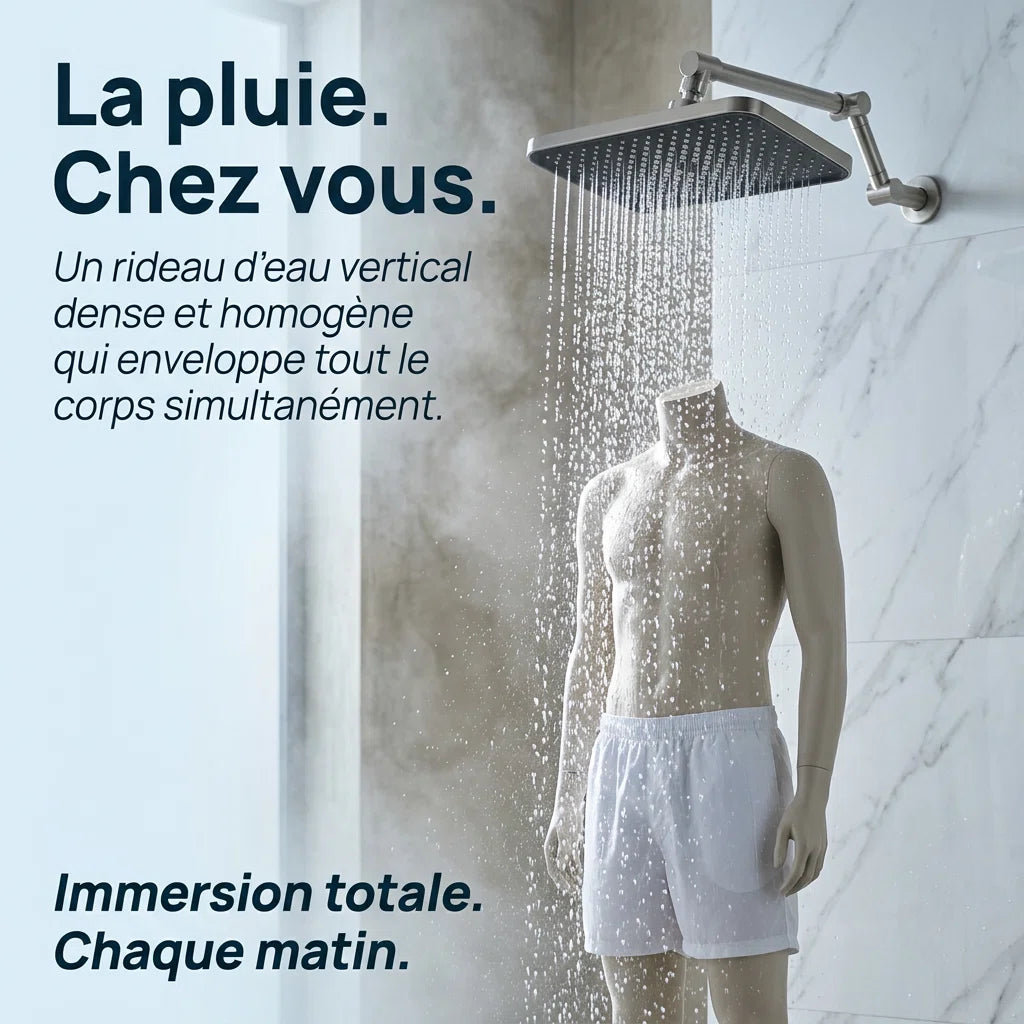 Pommeau de douche à pluie suralimenté - vue de côté sur fond blanc