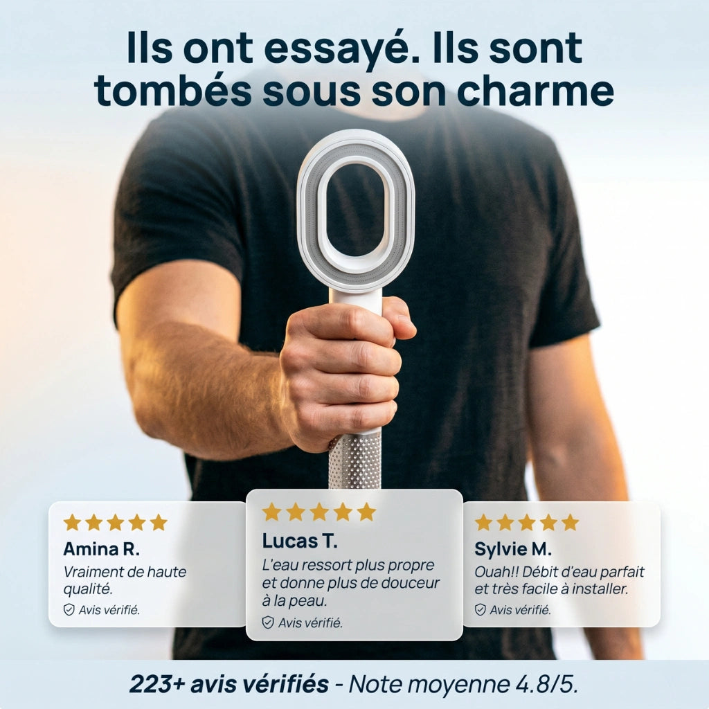 Pommeau de douche premium anticalcaire présenté avec avis clients.