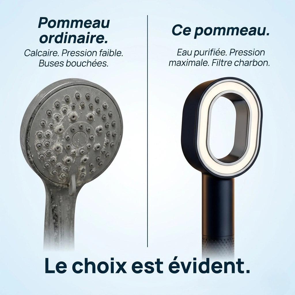 Pommeau de douche premium anticalcaire comparaison avec un pommeau ordinaire remplie de calcaire.