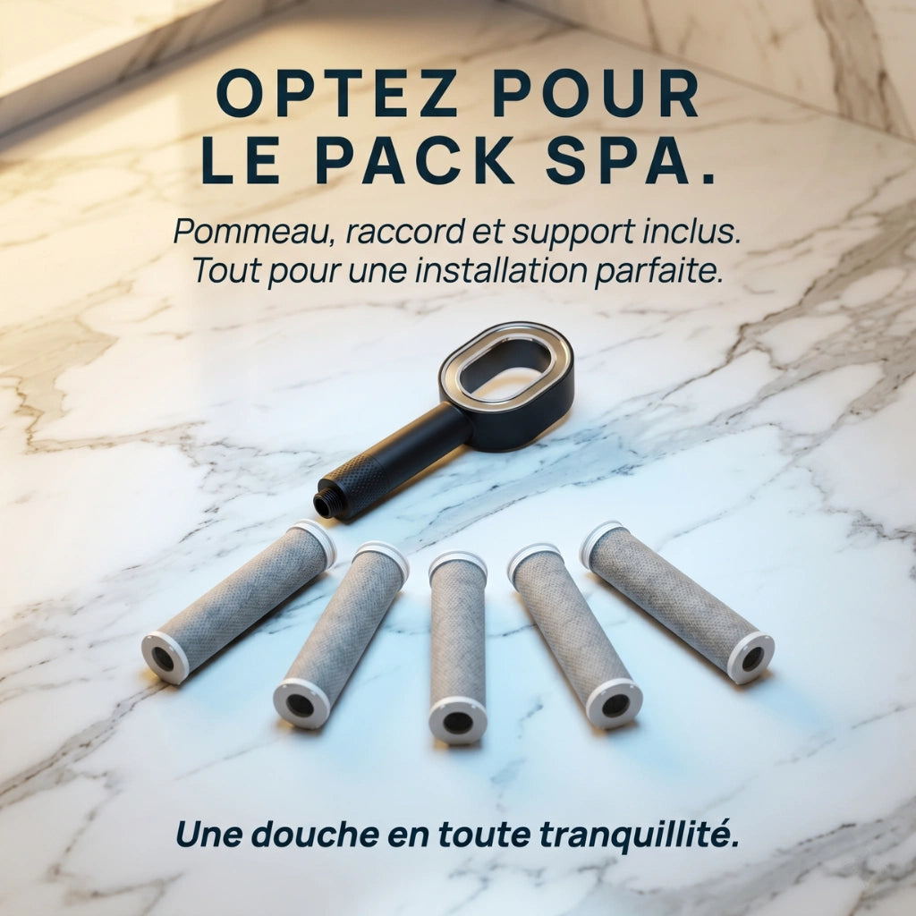 Pack spa avec pommeau de douche premium anticalcaire et 5 filtres en carbones.