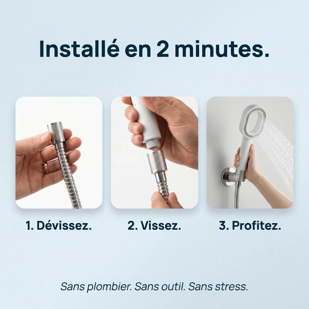 Pommeau de douche premium anticalcaire mode d'emploi pour visser facilement.