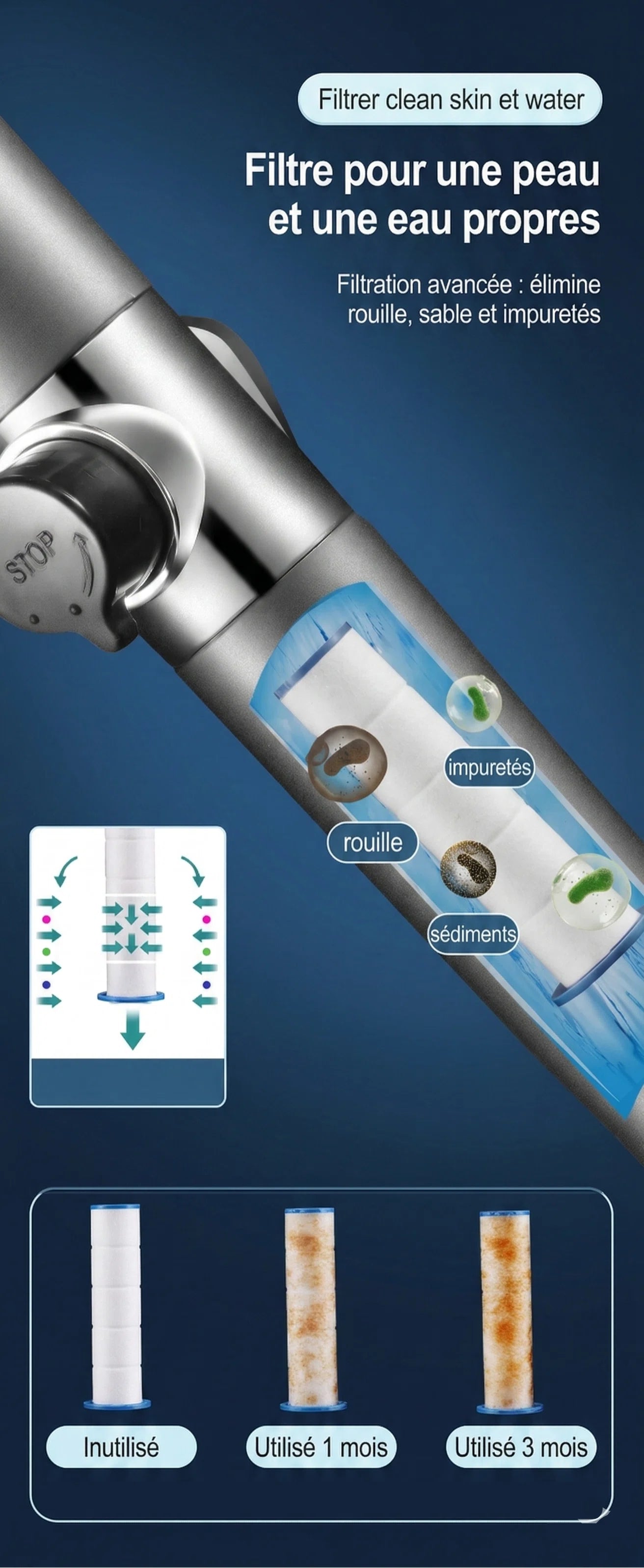 Pommeau de douche noir stop eau avec brosse