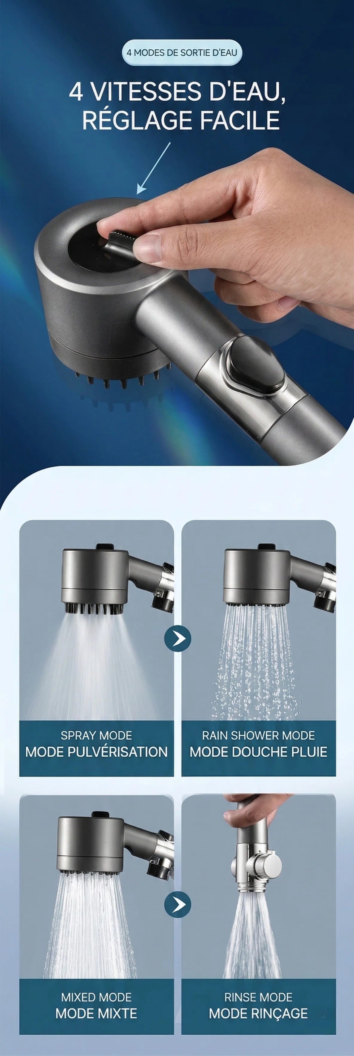 Pommeau de douche noir stop eau avec brosse