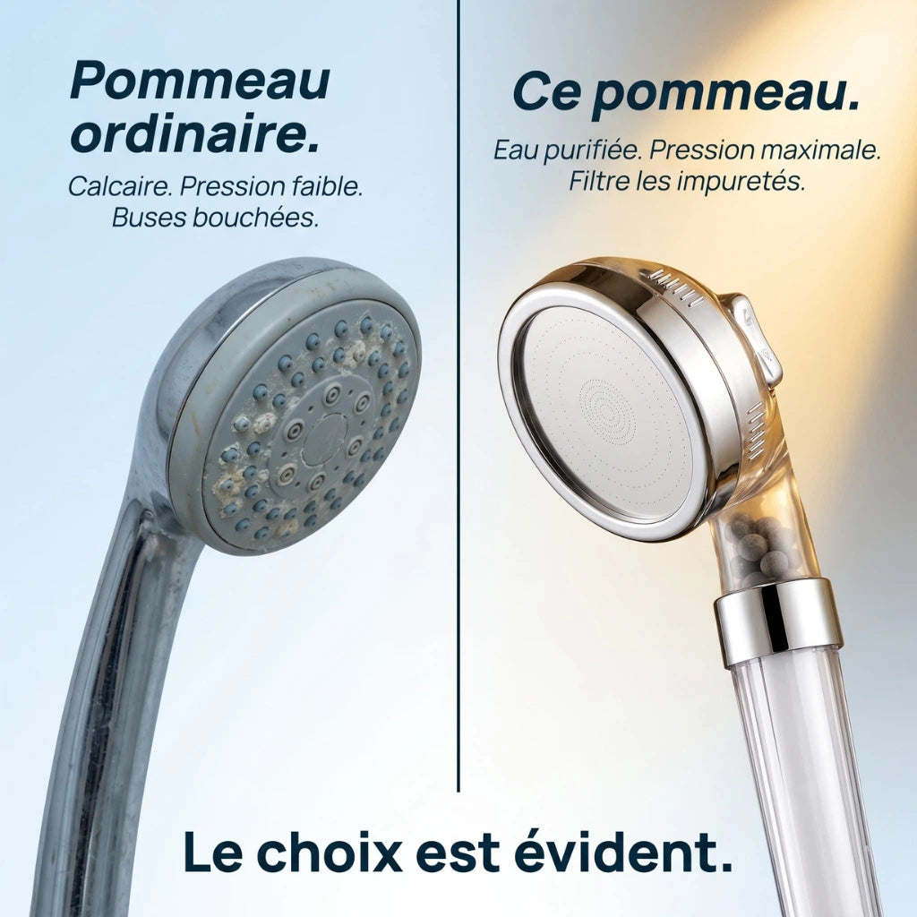 Pommeau de douche transparent filtrant - vue de dos sur fond blanc