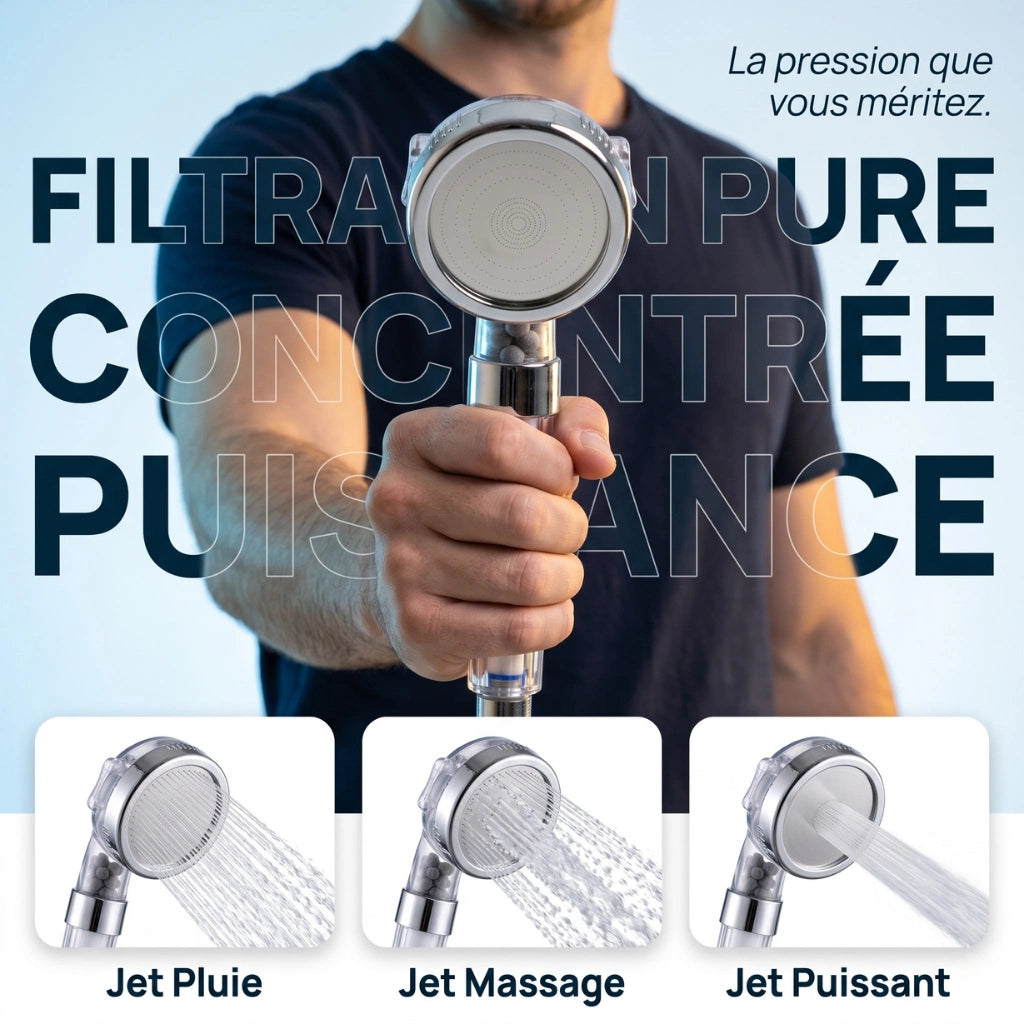 Pommeau de douche transparent filtrant - vue de face sur fond blanc
