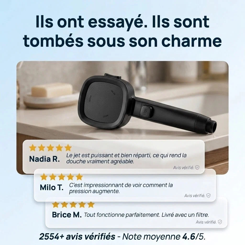 Pommeau de douche noir économique haute pression - vue rapprochée sur fond blanc