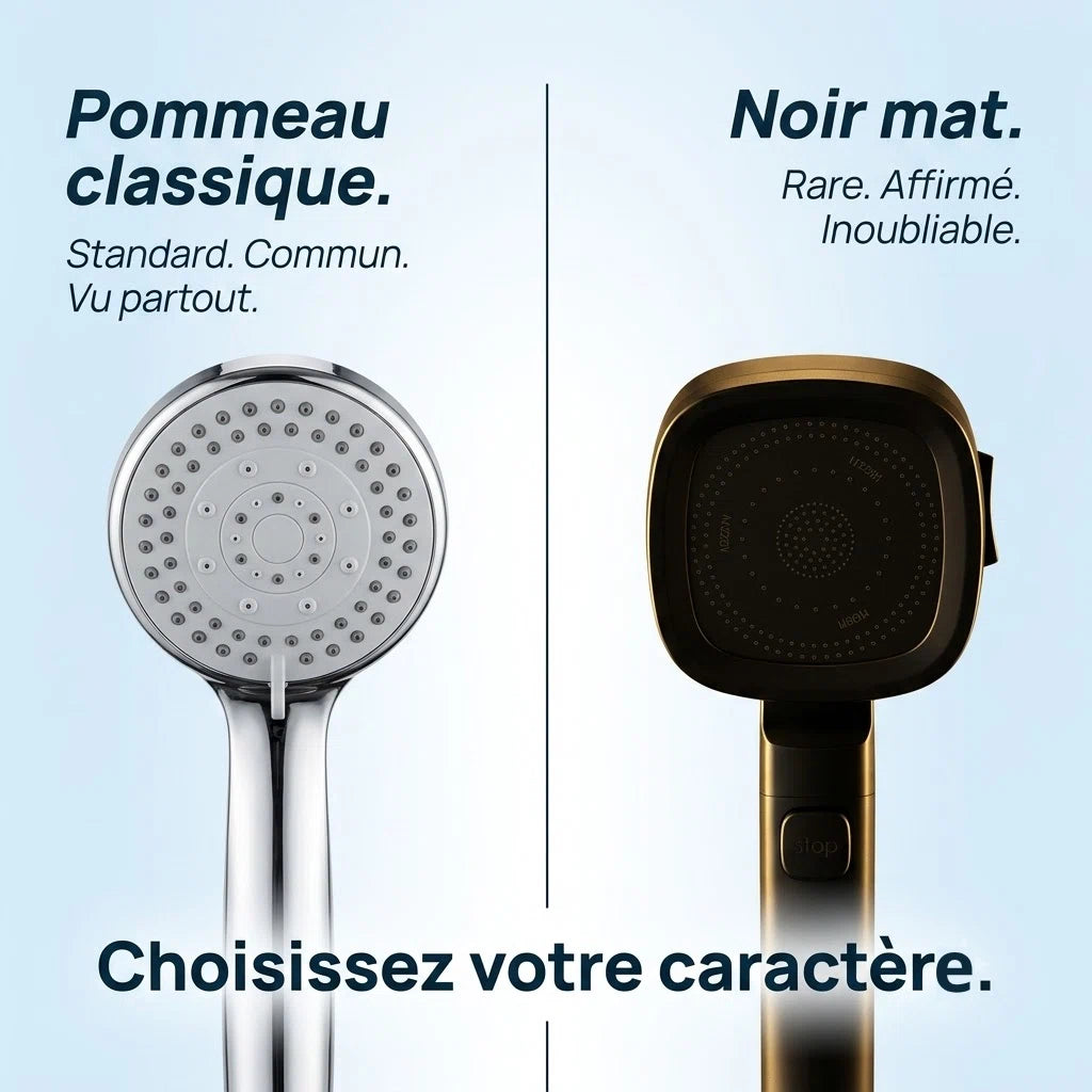 Pommeau de douche noir économique haute pression - vue de côté sur fond blanc