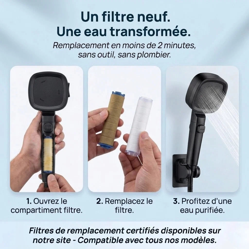 Pommeau de douche noir économique haute pression - vue de dos sur fond blanc