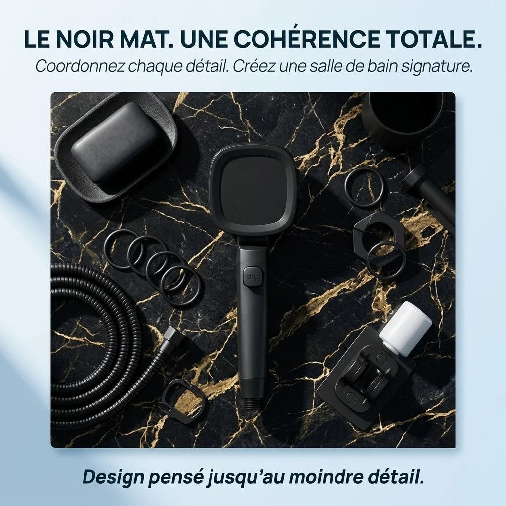 Pommeau de douche noir économique haute pression - détail du mécanisme sur fond blanc