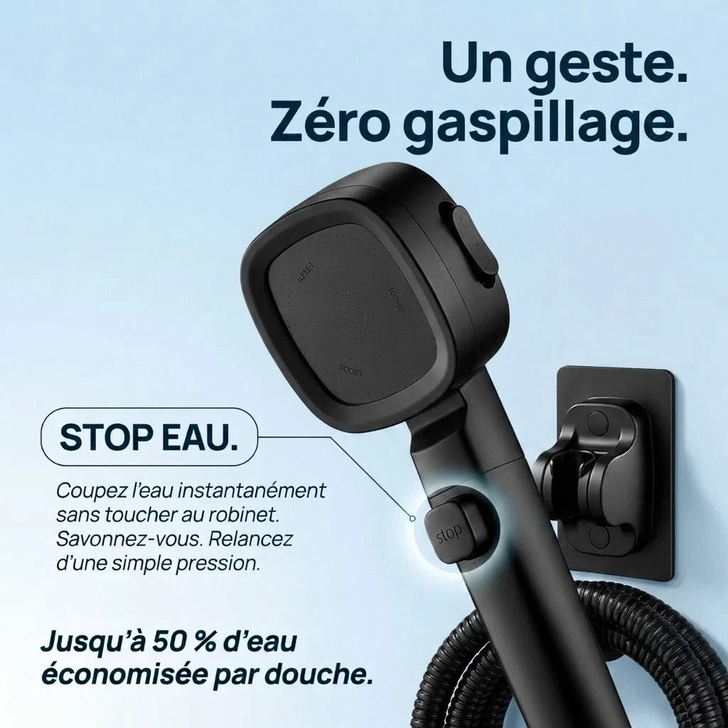 Pommeau de douche noir économique haute pression - vue de face sur fond blanc