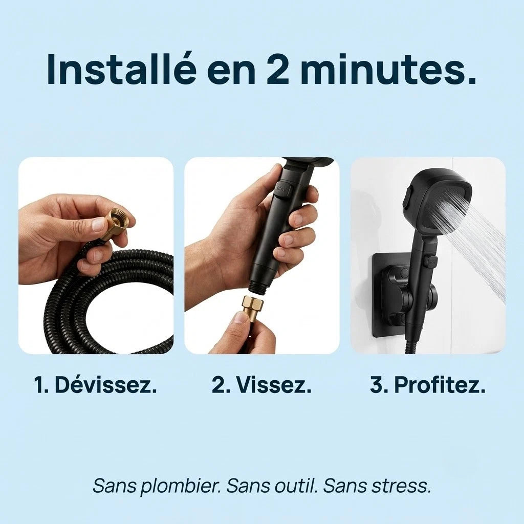 Pommeau de douche noir économique haute pression - vue de détail sur fond blanc